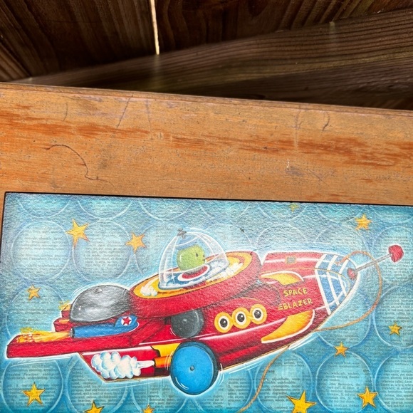 Space Blazer Rocket Ship in Outer Space Art Print on Wood with Hanger 10 1/8”L - Picture 2 of 4